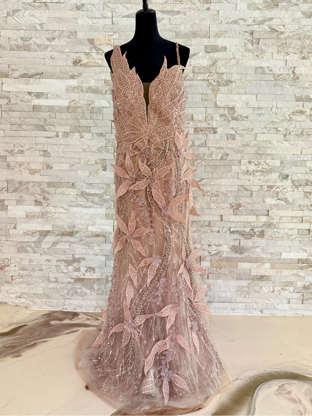 Terani Couture Blush Pink Beaded Floral Mermaid Evening Dress - Picture 2 of 15